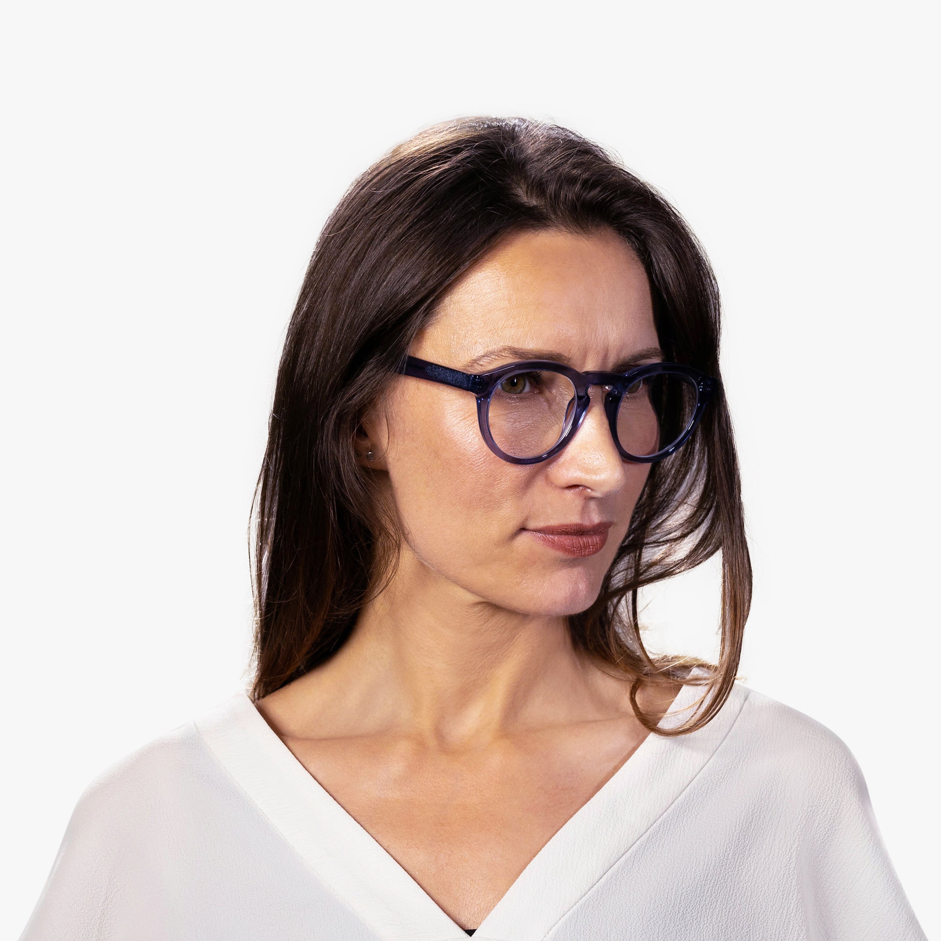 Luxreaders stylish Gråsten Crystal Blue Reading glasses. Made from Bio-acetate in a Round shape.