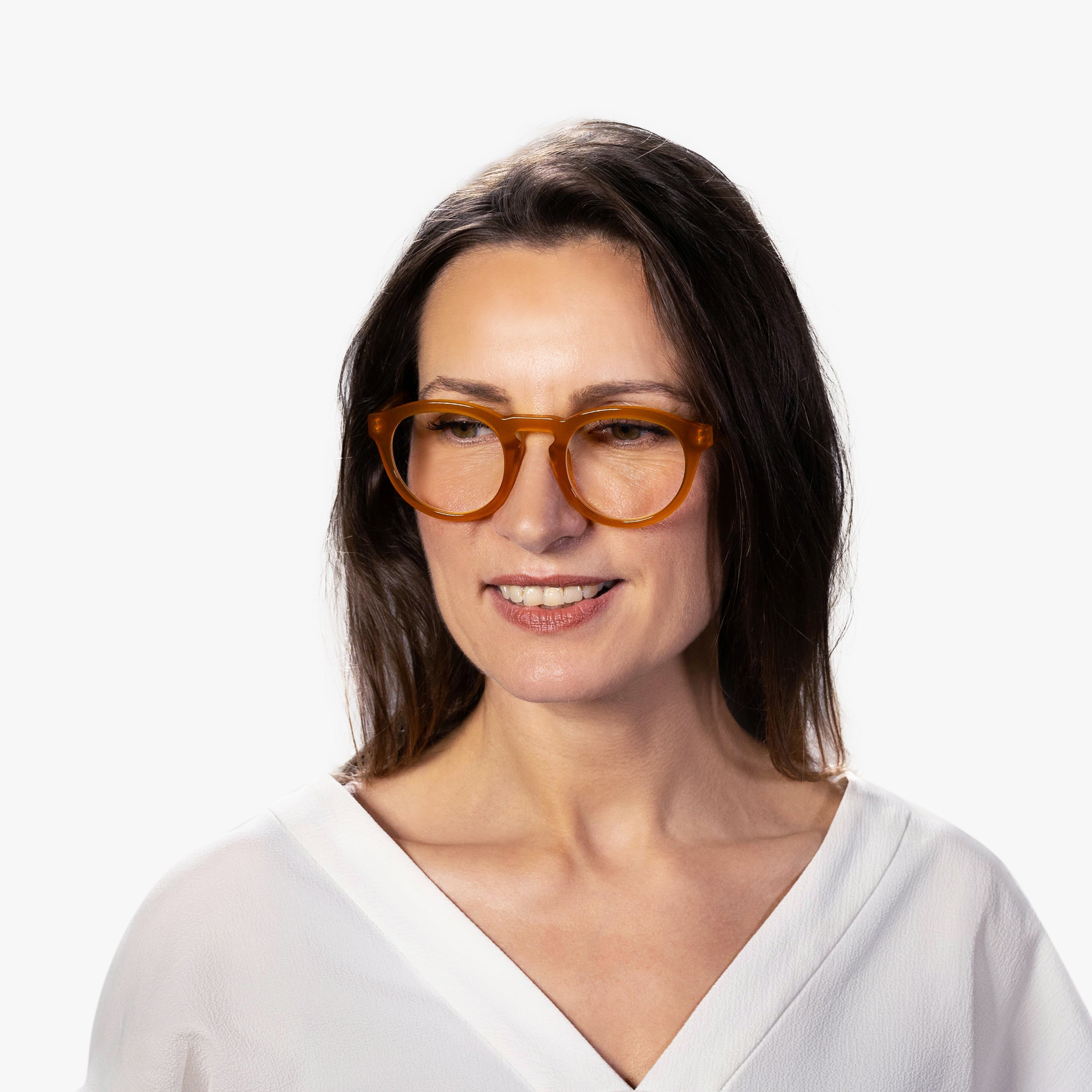 Luxreaders stylish Women's Gråsten Crystal Honey Reading glasses. Made from Bio-acetate in a Round shape.