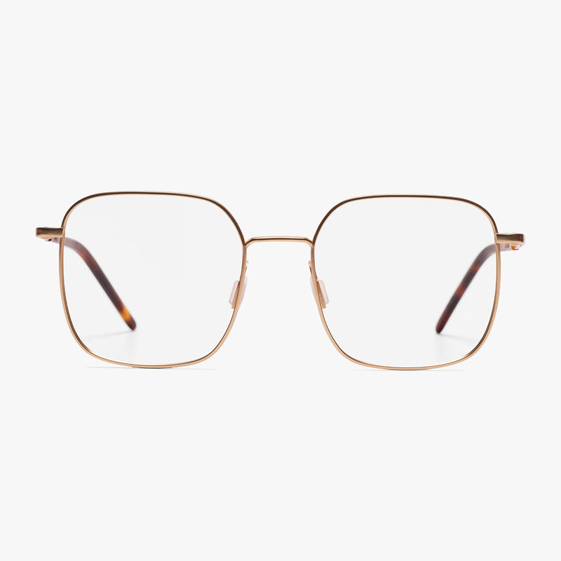 Båstad Gold square reading glasses with gold metal frames and tortoiseshell temples