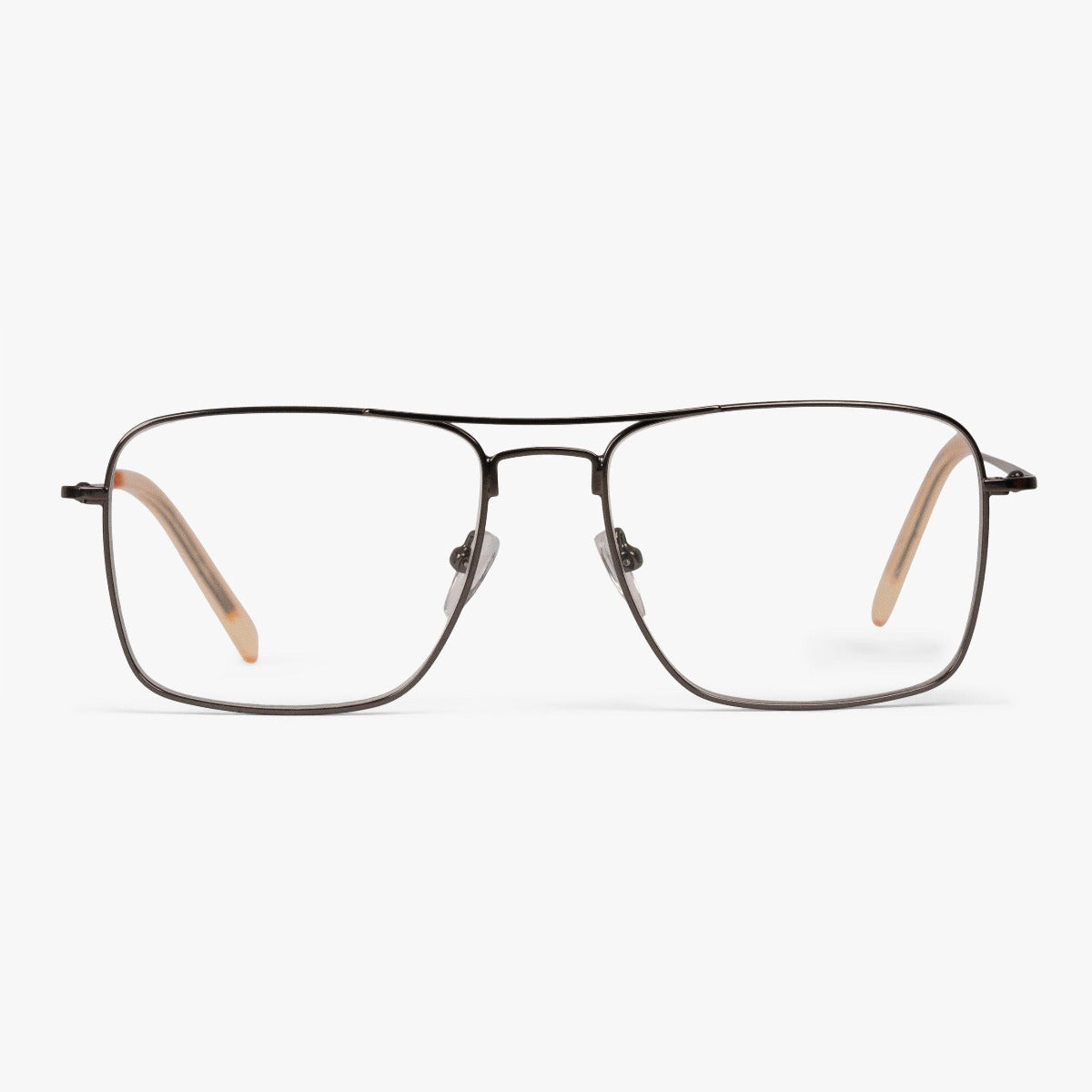 Luxreaders stylish Lidköping Gun Blue light glasses. Made from Stainless steel in a Square shape.