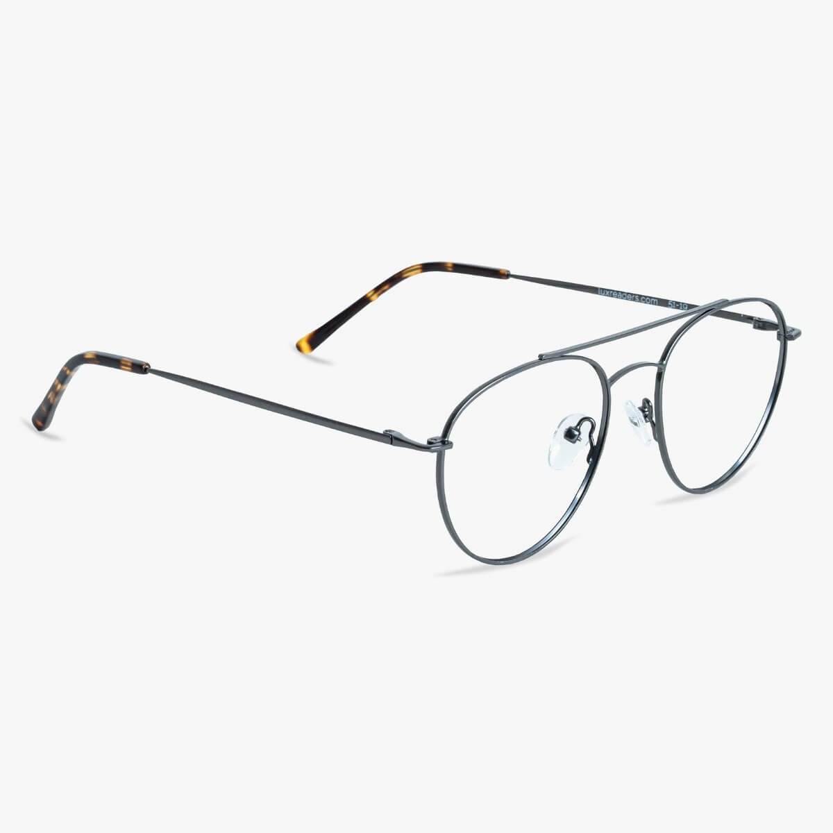 Göteborg Gun round metal reading glasses with tortoiseshell tips