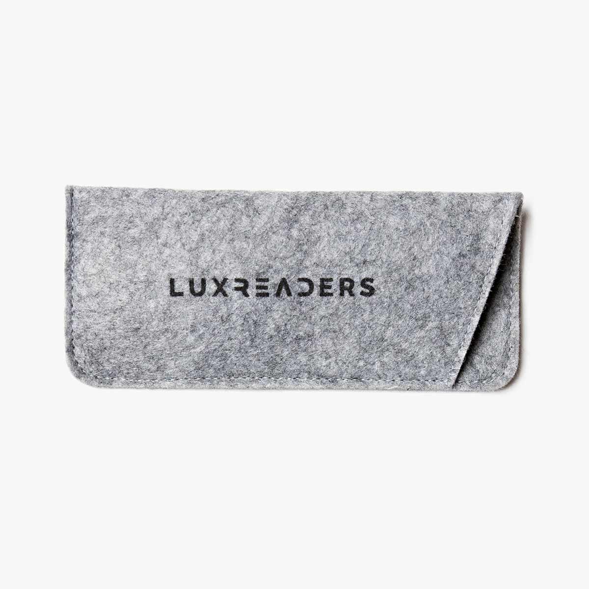 Grey felt eyewear case with Luxreaders branding