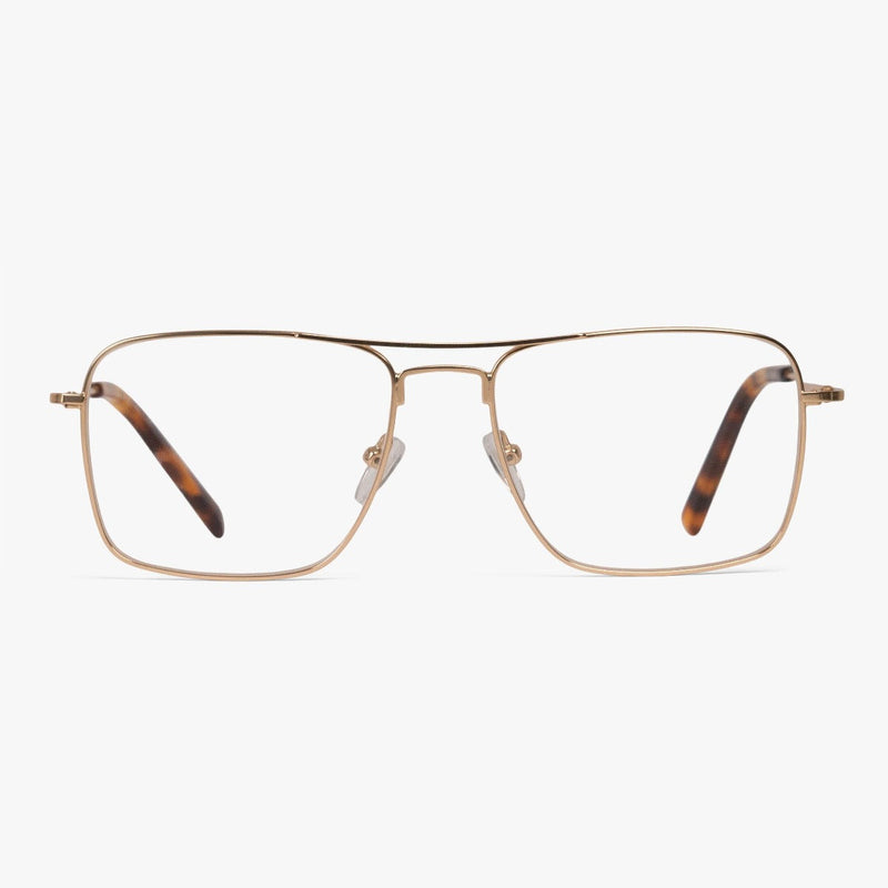Gold square glasses with thin metal frame and tortoiseshell temples