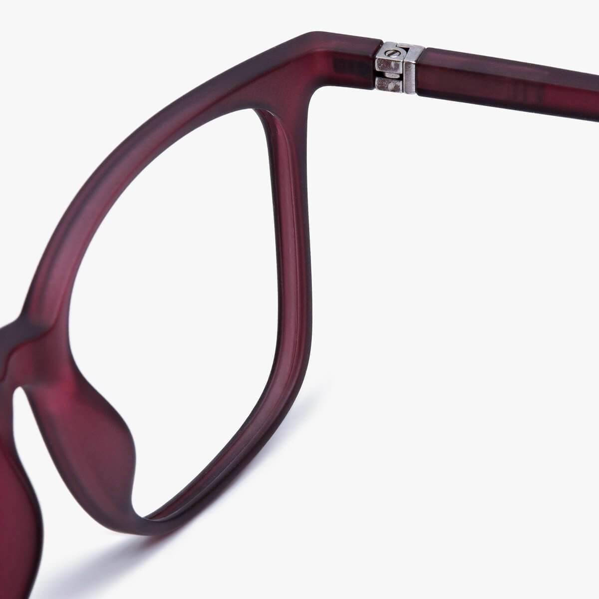 Close-up of Men's Fyn Red glasses with maroon frame