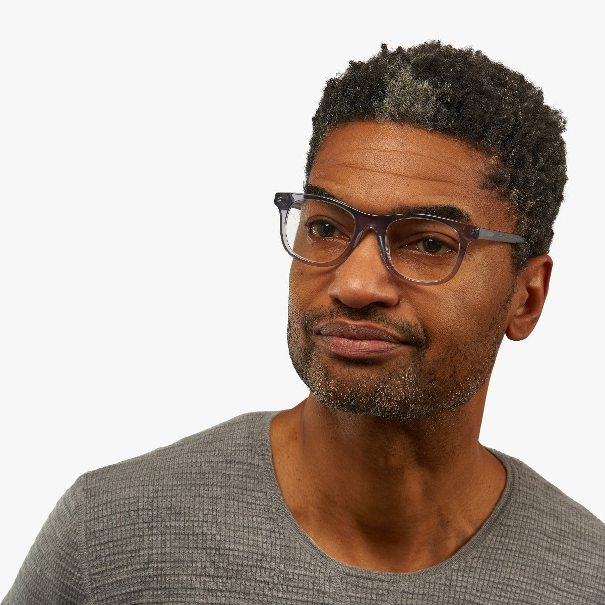 Person wearing Men's Malmö Crystal Grey reading glasses