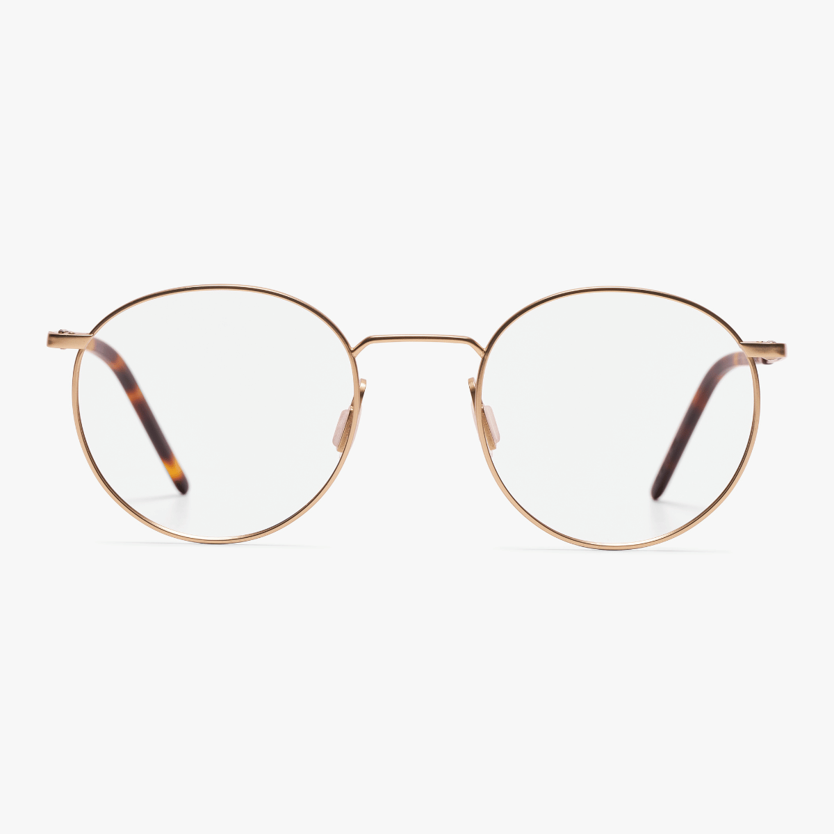 Men's round gold reading glasses with clear lenses and tortoiseshell temples