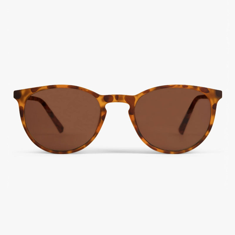 Brown tortoiseshell sunglasses with round lenses