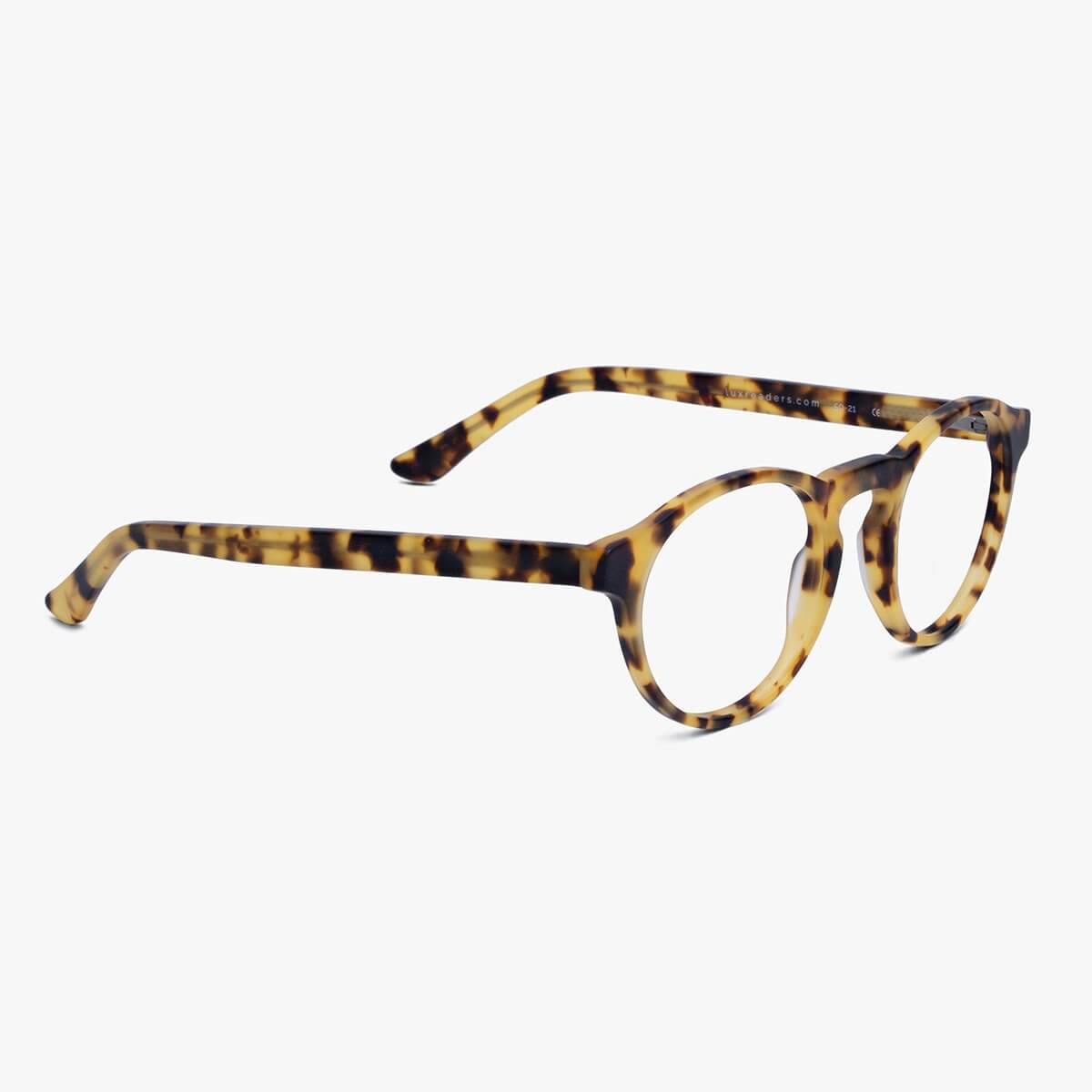 Tortoise round reading glasses with Luxreaders branding