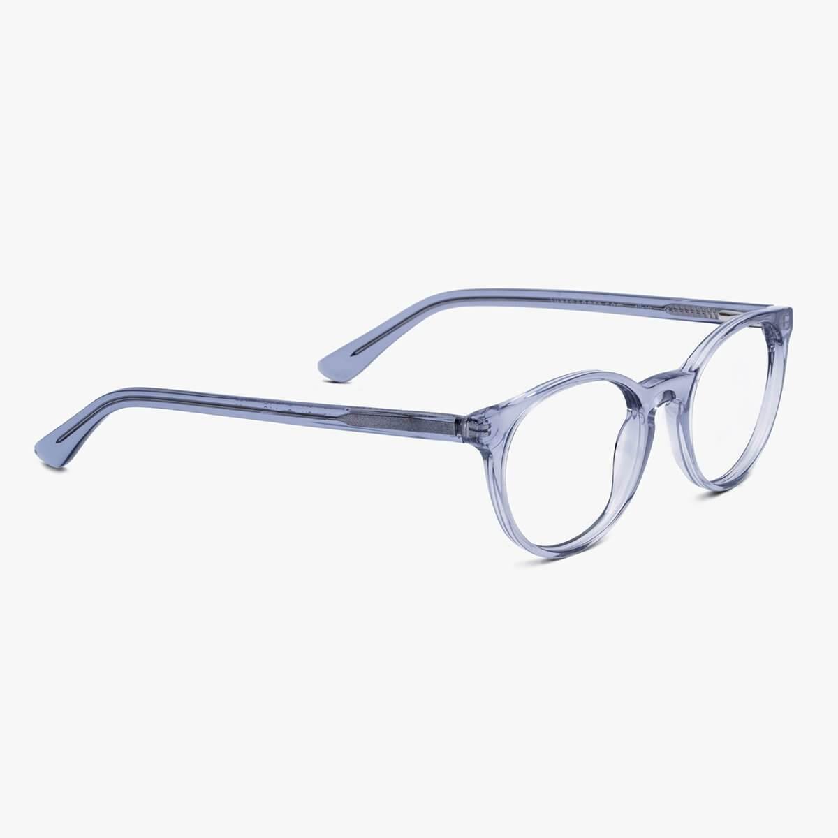 Örebro Crystal Grey round reading glasses with a translucent grey frame