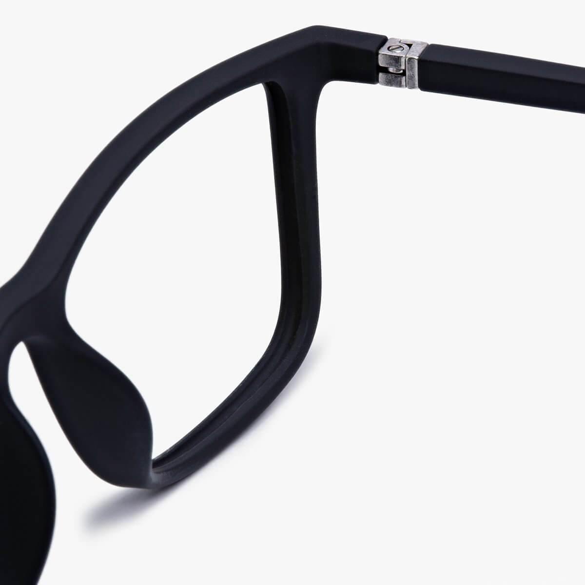 Close-up of Skagen Black glasses with matte black frame