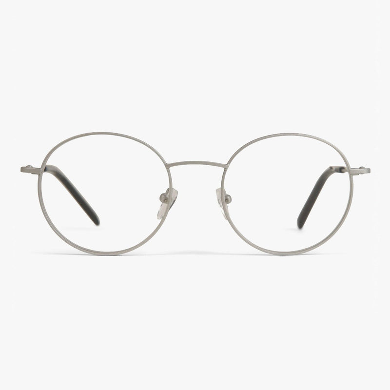 Round silver metal glasses with thin frames and black earpieces
