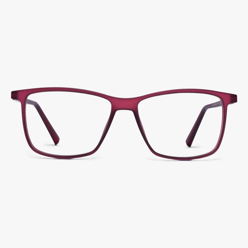 Women's red rectangular glasses, sleek design