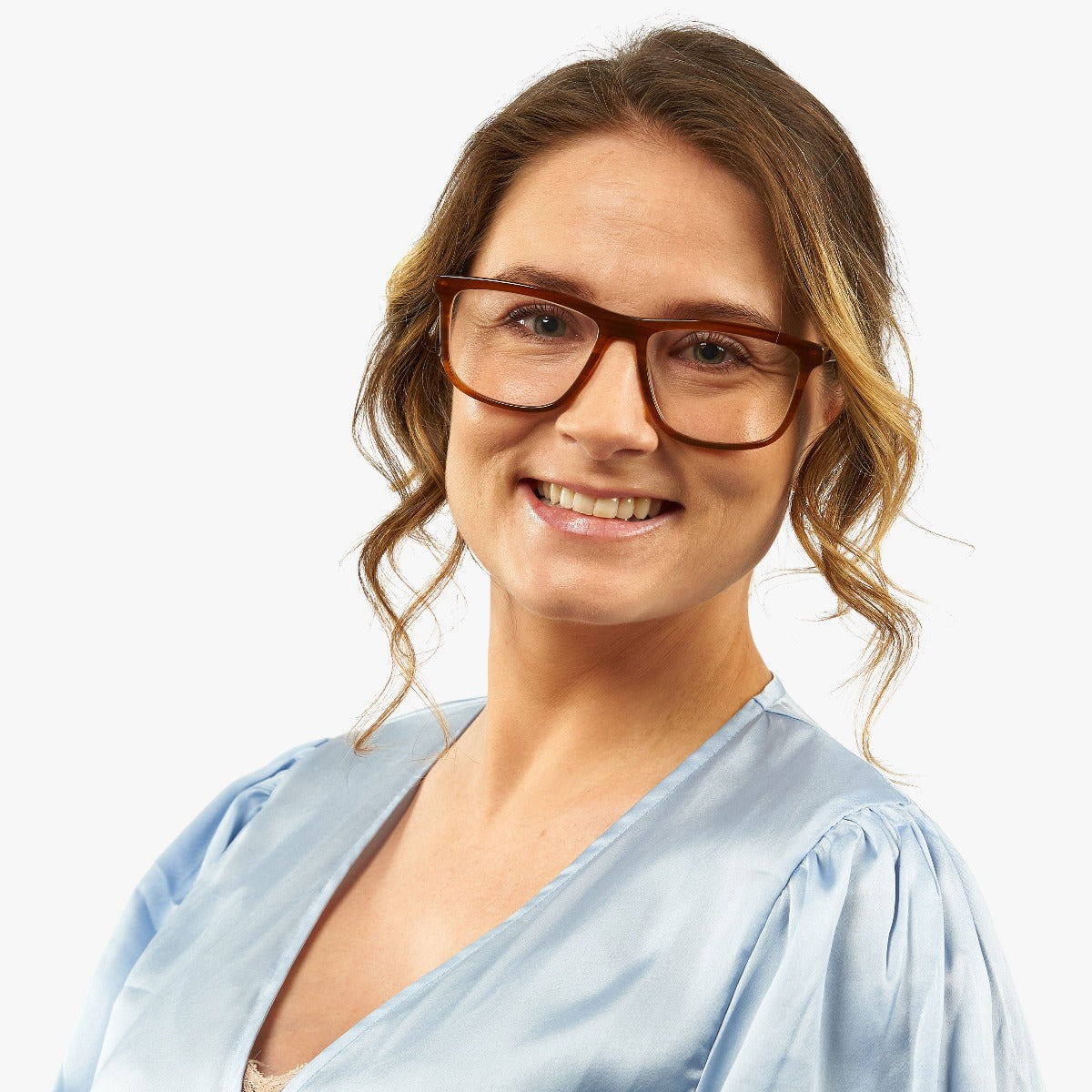 Person wearing Women's Oslo Shiny Walnut glasses